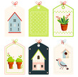 Home sweet home. Set of cute tag in retro style. Collection of vintage label with toy wood house, bird, plant in clay pot. House insurance, mortgage, buying and rent concept. Vector illustration EPS8