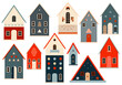 Set of cute wooden house models. Collection of toy wood houses, front view. House insurance, mortgage, buying and rent concept. Vector illustration EPS8