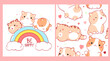 Set of seamless pattern and one print with cute cats in kawaii style. Endless texture can be used for textile pattern fills, t-shirt design, web page background. Inscription Be happy. Vector EPS8