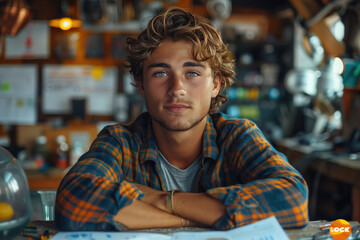 Wall Mural - A young entrepreneur sits at their desk surrounded by computer in office