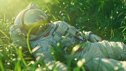 Sticker - a man in a spacesuit is laying in a field of grass. the scene is peaceful and serene, with the man a