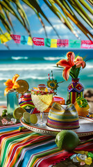 Canvas Print - Cinco de Mayo,Mexican colorful summer fiesta party,sombrero hat,maracas margarita cocktail,table colorful Mexican decorations. With the exotic beach Cinco de Mayo as a backdrop,mexican banner.