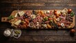 Meat plate and fruits on tray on wooden background
