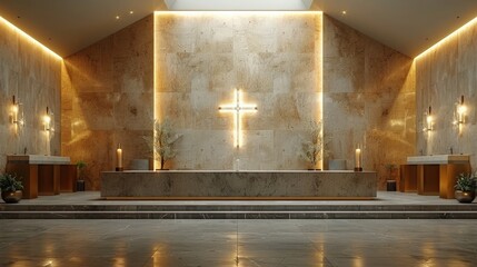 Canvas Print - Luxe Cross Symmetry. A minimalist and symmetrical environment featuring a titled wall background. Religious background.