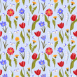 Spring seamless pattern with colorful blooming spring flowers and leaves: tulips, lily of the valley, dandelion, crocus. Spring botanical flat vector background.