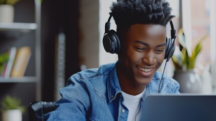 Canvas Print - Man Enjoying Music on Laptop