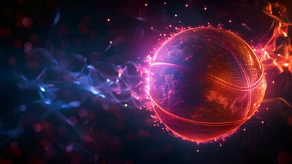 Wall Mural - a basketball is shown in a fiery explosion, with a blue and purple background. the ball is surrounde