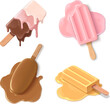 Melted ice cream on stick. Pink berry, chocolate, caramel and multicolor popsicle thawing laying on floor and dripping. Realistic 3d vector illustration set of cold sweet dessert on summertime.