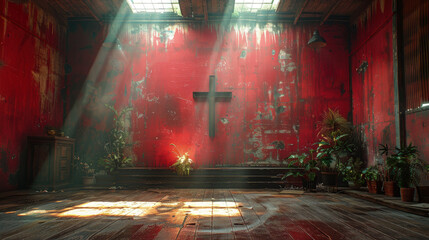 Wall Mural - A serene and contemplative environment featuring a Christian cross on a titled wall background. Religious Background.