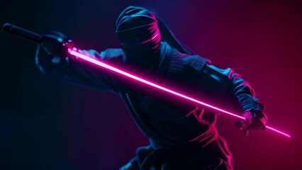 Wall Mural - A ninja with a pink sword is standing in front of a purple background. The image has a futuristic and edgy vibe, with the neon colors of the sword and the background creating a sense of excitement