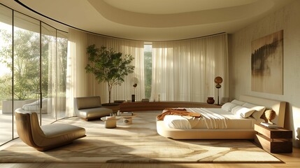 Wall Mural - Modern Bedroom Interior with Panoramic Windows and Nature View