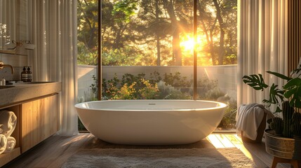 Wall Mural - Modern Bathroom Interior with Nature View at Sunset