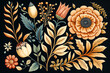 Pastel florar pattern on black background. Summer flowers. Generative AI