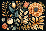 Fototapeta Młodzieżowe - Pastel florar pattern on black background. Summer flowers. Generative AI