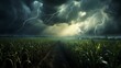 Intense lightning storm brewing above a sprawling cornfield, highlighting the eerie beauty and unpredictability of nature in agricultural settings