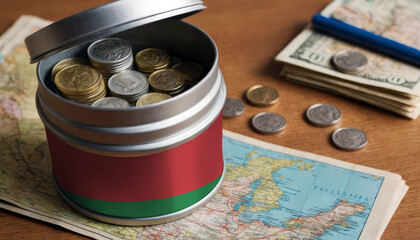 Belarus flag-adorned money jar placed on a map. Saving for vacation, leisure pursuits. Financial strategy, travel budgeting, holiday fund accumulation