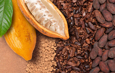 Wall Mural - Fresh yellow cocoa fruit with beans on chocolate ingredients (cocoa nibs, cocoa mass and cocoa powder) texture background, Chocolate ingredients concept. Top view, flat lay.