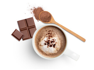 Wall Mural - Cup of hot cocoa drink and chocolate bar with cocoa powder in wooden spoon isolated on white background. Top view. Flat lay.