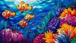 Underwater: A coloring book page depicting a school of clownfish swimming around a waving sea anemone