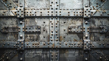 Bank Vault Door Texture Background. Constructed From Thick, Heavy Metal Panels Reinforced With Intricate Patterns Of Rivets And Bolt.