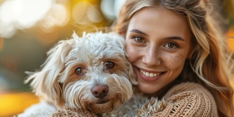 Wall Mural - A cheerful woman hugs her playful dog, both smiling.