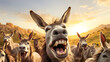 A group of donkeys happy humorous funny transportation with cloudy background
