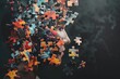 Profile view of a mans head entirely made up of interconnected jigsaw puzzle pieces, symbolizing cognitive psychology and psychotherapy concepts
