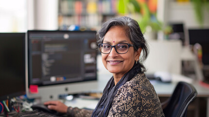 Wall Mural - A middle aged indian woman working in office.