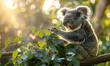 Koala cuddles eucalyptus branch