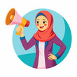 Happy girl holding megaphone shouting loud calls customers (7)