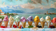 Colorful Italian  gelato ice cream cone vanilla chocolate cream lemon and various flavors 