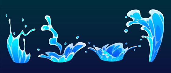 Wall Mural - water wave splashes set isolated on background. vector cartoon illustration of blue sea, ocean liqui