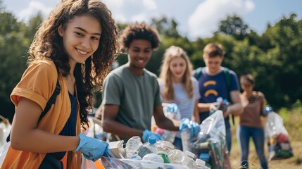 diverse group of young people and volunteers volunteering and cleaning up trash and plastics to recy