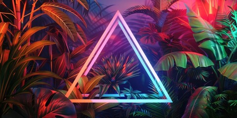 Wall Mural - Illuminated by vibrant neon light, a geometric triangle stands out against the backdrop of dense jungle foliage, creating a surreal and captivating scene.