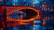 Reflection of a brilliantly lit bridge shimmering on the calm waters of the river below, a captivating sight to behold.