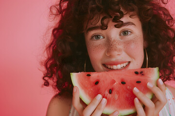 Poster - Summer fashion portrait of young woman in headphones listening to music with juicy slice of watermelon,