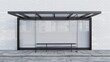 Blank mockup of a sleek and modern bus stop shelter with a transparent roof and steel frame. .