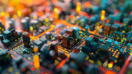 A circuit board city with glowing lights