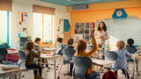Fototapeta Sport - Caring Teacher Explaining a Math Lesson to a Classroom Full of Bright Diverse Children. Little Girl Raising Her Hand and Asking Tutor a Question. Primary School with a Group of Smart Multiethnic Kids