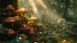Sunlight filtering through dense foliage, illuminating a variety of mushrooms in a forest