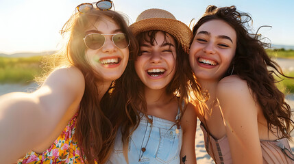 Canvas Print - Three cheerful girls friends in summer clothes