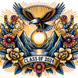 Graduation label design. Class of 2024. Congrats Graduates emblem with egle and mountain, sun and grad cap in flowers frame.