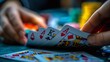 Illustrate the excitement of a poker game through a low-angle shot of hands shuffling a deck of cards, with colorful, vibrant card backs catching the light to create a dynamic and engaging composition