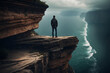 man standing at the top of a cliff looking at the sea below