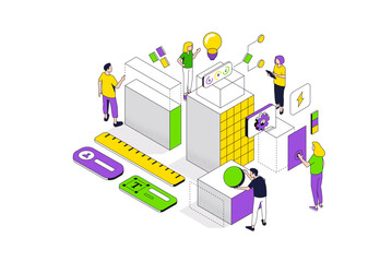 Wall Mural - Development from beginnings abstract isometric concept. Business strategy, phased technology creation, system expansion, organization complication. Vector character illustration in isometric design