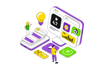 Conceptual template with computer and people building website interface. Scene for web design and development, site builder online tool or service. Modern isometric vector illustration