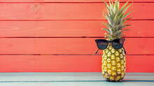 Hipster Pineapple With Sunglasses Against A Living Coral Colored Wood Background. Minimal Summer Concept.