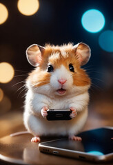 Wall Mural - Cute cartoon hamster using a smartphone 