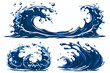 水飛沫をあげる青い波のイラスト