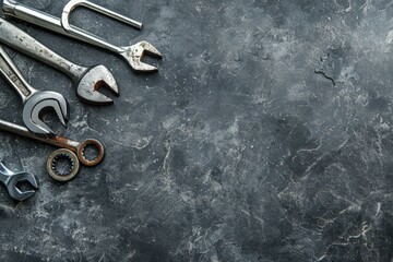 Wall Mural - Set of tools and instruments on grey textured background with copy space